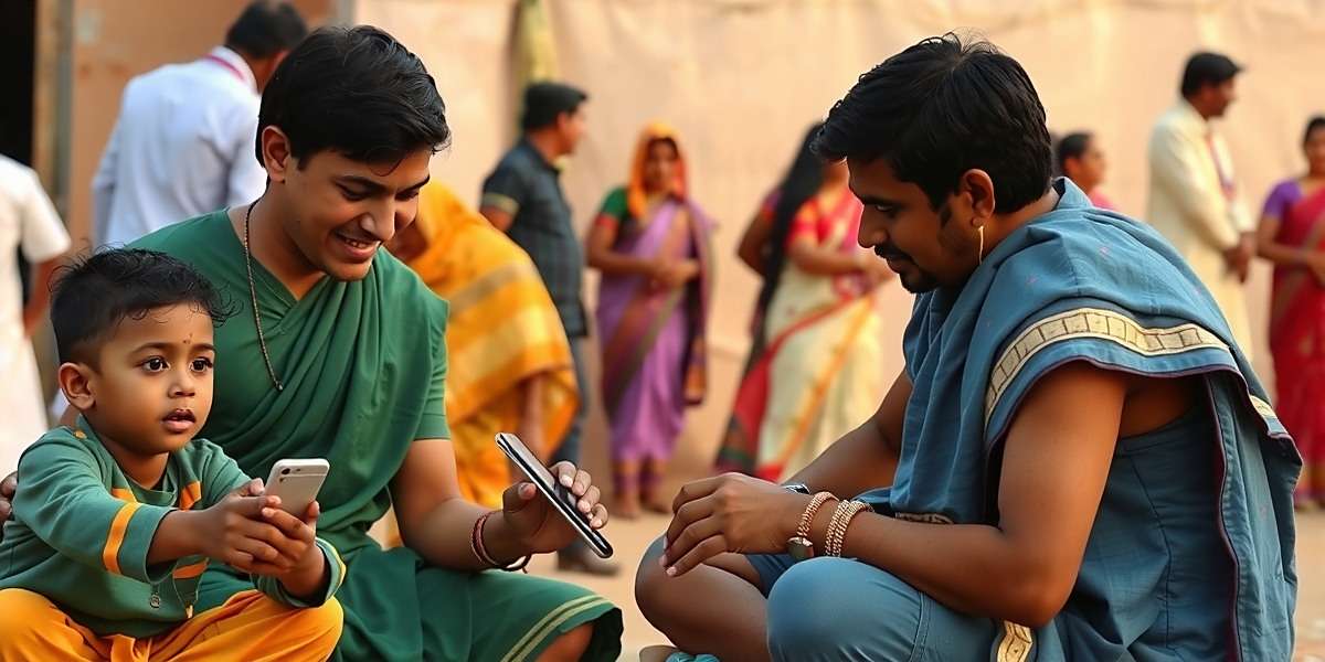 Kho Kho Kings Brings Families Together Indian family playing Kho Kho Kings together on mobile devices with traditional Kho Kho being played in the background