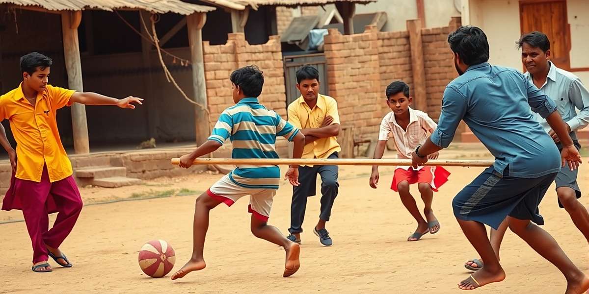 Traditional Kho Kho in Rural India Vintage photograph style image of traditional Kho Kho being played in rural India with children and adults participating